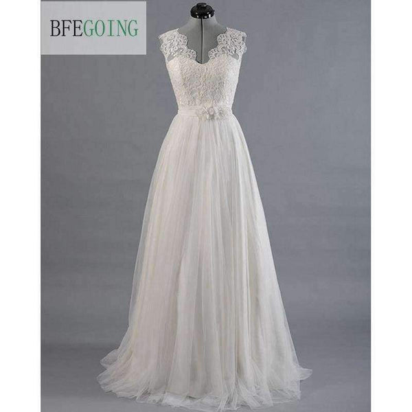 Planet Gates White / 2 Lace  Tullle V-Neck Wedding dress Sweep/Brush Train Floor-Length  Cap Sleeves  Bridal Gown Custom made