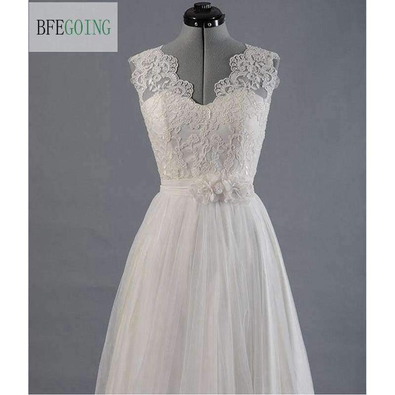 Planet Gates White / 2 Lace  Tullle V-Neck Wedding dress Sweep/Brush Train Floor-Length  Cap Sleeves  Bridal Gown Custom made