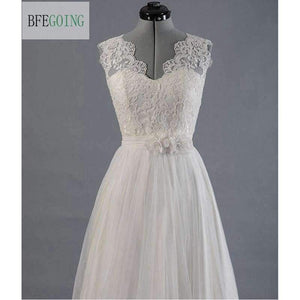 Planet Gates White / 2 Lace  Tullle V-Neck Wedding dress Sweep/Brush Train Floor-Length  Cap Sleeves  Bridal Gown Custom made