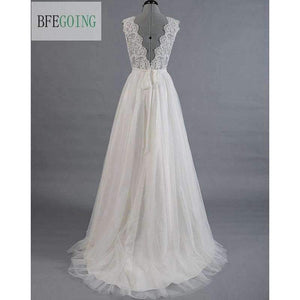 Planet Gates White / 2 Lace  Tullle V-Neck Wedding dress Sweep/Brush Train Floor-Length  Cap Sleeves  Bridal Gown Custom made