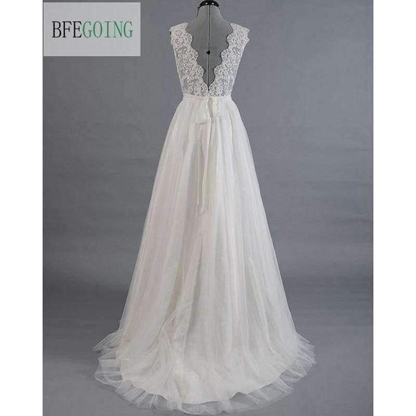 Planet Gates White / 2 Lace  Tullle V-Neck Wedding dress Sweep/Brush Train Floor-Length  Cap Sleeves  Bridal Gown Custom made