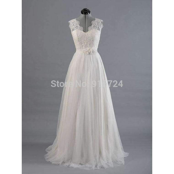 Planet Gates White / 2 Lace  Tullle V-Neck Wedding dress Sweep/Brush Train Floor-Length  Cap Sleeves  Bridal Gown Custom made