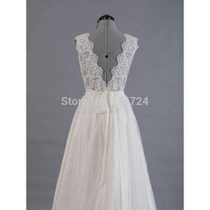 Planet Gates White / 2 Lace  Tullle V-Neck Wedding dress Sweep/Brush Train Floor-Length  Cap Sleeves  Bridal Gown Custom made