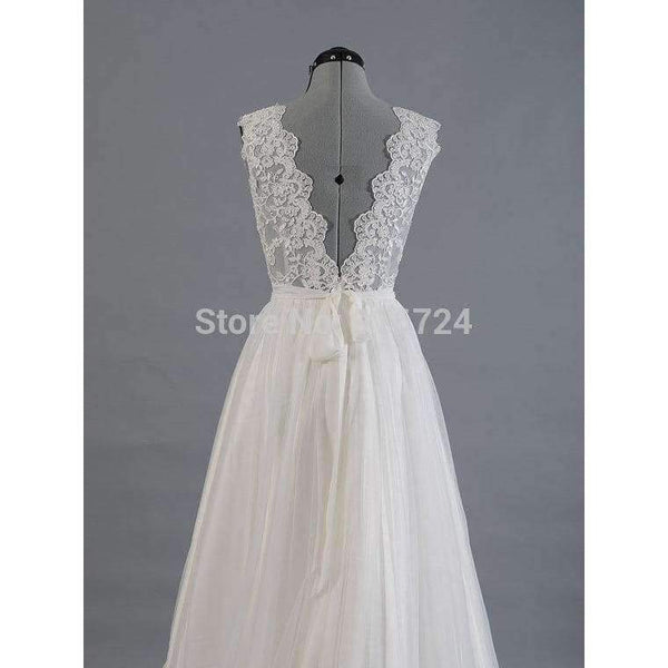 Planet Gates White / 2 Lace  Tullle V-Neck Wedding dress Sweep/Brush Train Floor-Length  Cap Sleeves  Bridal Gown Custom made
