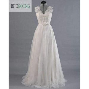 Planet Gates White / 2 Lace  Tullle V-Neck Wedding dress Sweep/Brush Train Floor-Length  Cap Sleeves  Bridal Gown Custom made