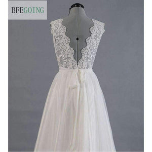 Planet Gates White / 2 Lace  Tullle V-Neck Wedding dress Sweep/Brush Train Floor-Length  Cap Sleeves  Bridal Gown Custom made