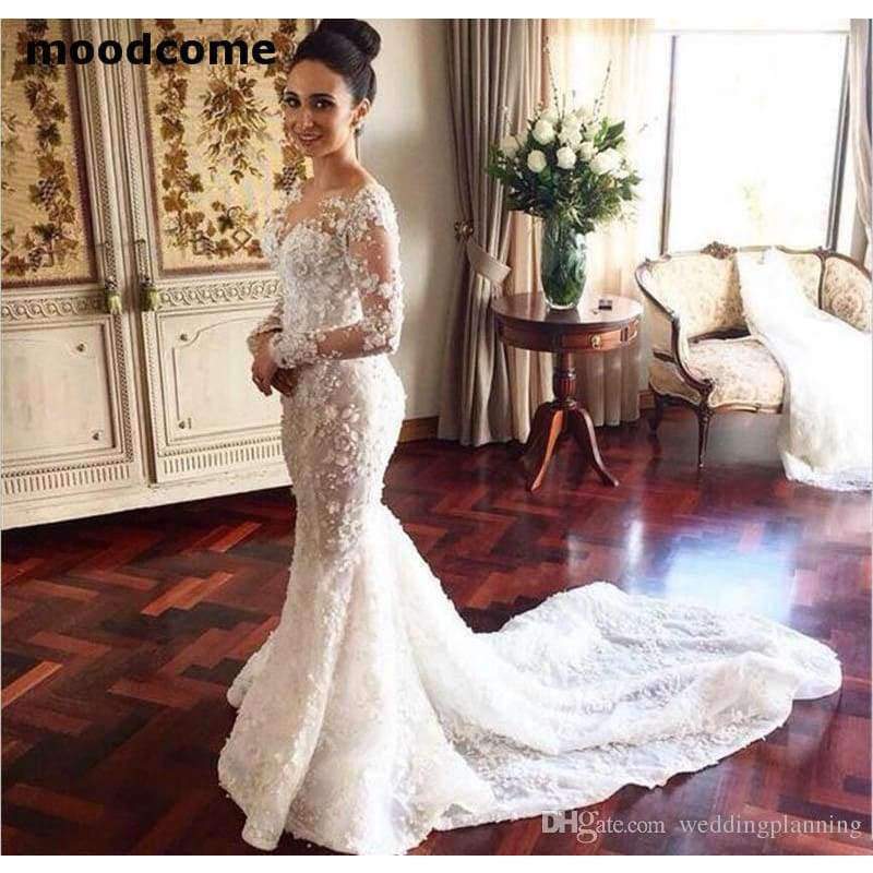 Planet Gates White / 2 Long Sleeves Wedding Dresses With over skirt Detachable Train Luxury Lace Wedding Dress Sheer Neck 3D Appliques African Brid