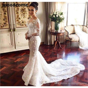 Planet Gates White / 2 Long Sleeves Wedding Dresses With over skirt Detachable Train Luxury Lace Wedding Dress Sheer Neck 3D Appliques African Brid
