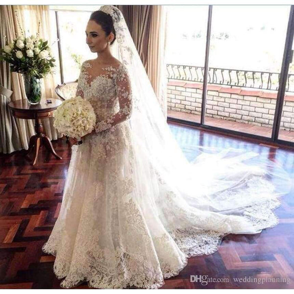 Planet Gates White / 2 Long Sleeves Wedding Dresses With over skirt Detachable Train Luxury Lace Wedding Dress Sheer Neck 3D Appliques African Brid