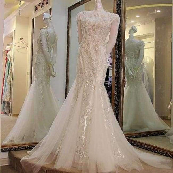 Planet Gates White / 2 Luxury crystals Tassels cap sleeves sexy beaded illusion neckline design mermaid evening dress xj01980