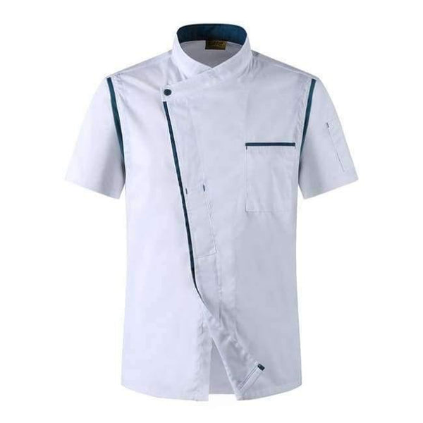 Planet Gates White 2 / One Size Men Women Oblique Collar Single Breasted Short Sleeves Spliced Bakery Work Uniforms Summer High Quality Chef Jacket