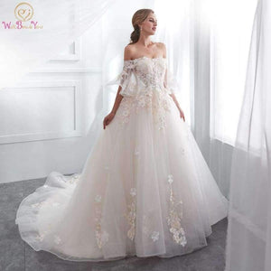 Planet Gates White / 2 Robe De Mariage 2018 Wedding Dresses Champagne Ball Gown Off Shoulder Short Sleeves Lace Applique Bride Gowns