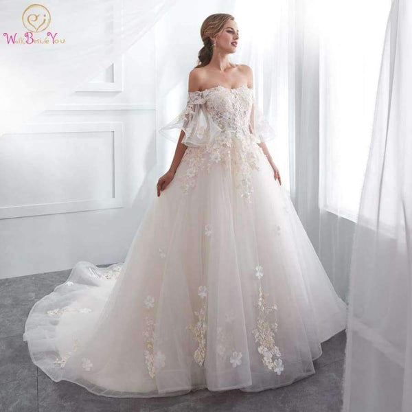 Planet Gates White / 2 Robe De Mariage 2018 Wedding Dresses Champagne Ball Gown Off Shoulder Short Sleeves Lace Applique Bride Gowns