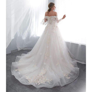 Planet Gates White / 2 Robe De Mariage 2018 Wedding Dresses Champagne Ball Gown Off Shoulder Short Sleeves Lace Applique Bride Gowns