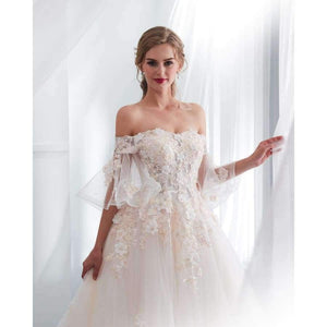 Planet Gates White / 2 Robe De Mariage 2018 Wedding Dresses Champagne Ball Gown Off Shoulder Short Sleeves Lace Applique Bride Gowns