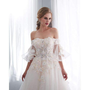 Planet Gates White / 2 Robe De Mariage 2018 Wedding Dresses Champagne Ball Gown Off Shoulder Short Sleeves Lace Applique Bride Gowns