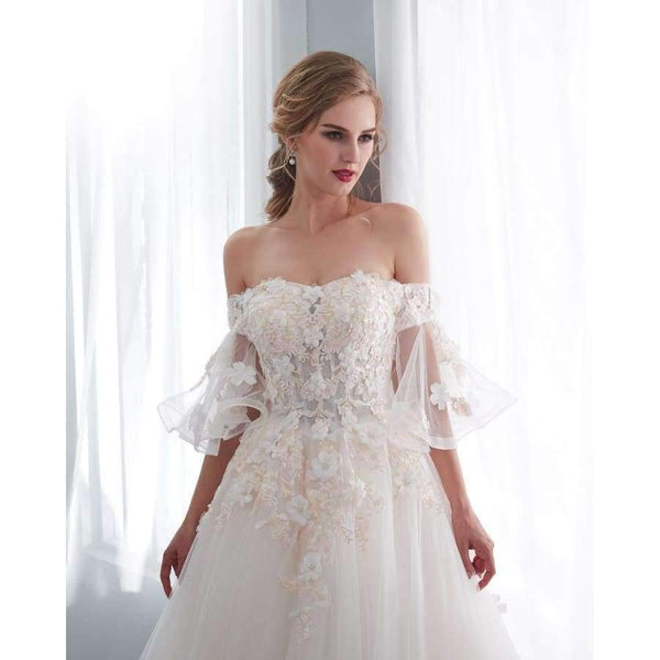 Planet Gates White / 2 Robe De Mariage 2018 Wedding Dresses Champagne Ball Gown Off Shoulder Short Sleeves Lace Applique Bride Gowns
