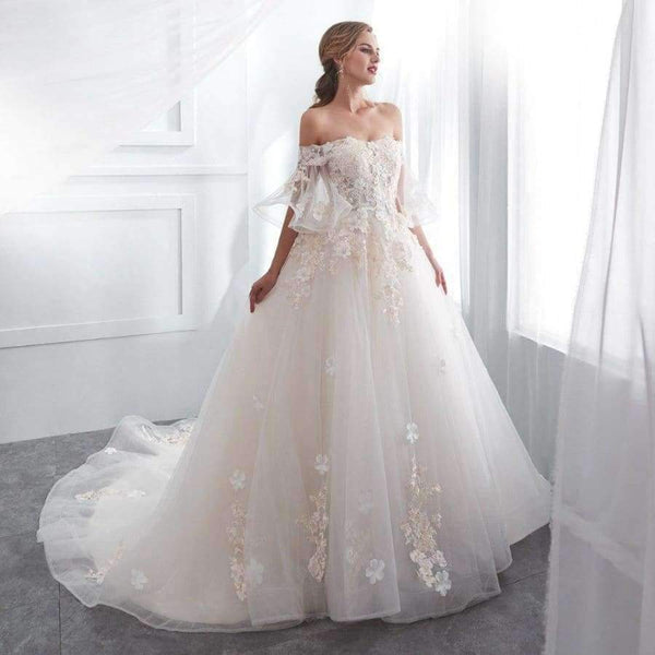 Planet Gates White / 2 Robe De Mariage 2018 Wedding Dresses Champagne Ball Gown Off Shoulder Short Sleeves Lace Applique Bride Gowns