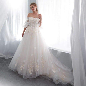 Planet Gates White / 2 Robe De Mariage 2018 Wedding Dresses Champagne Ball Gown Off Shoulder Short Sleeves Lace Applique Bride Gowns