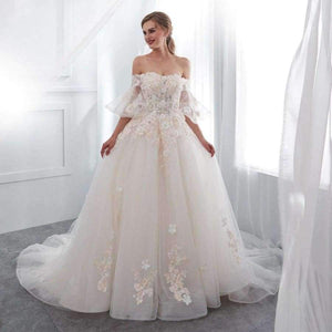 Planet Gates White / 2 Robe De Mariage 2018 Wedding Dresses Champagne Ball Gown Off Shoulder Short Sleeves Lace Applique Bride Gowns