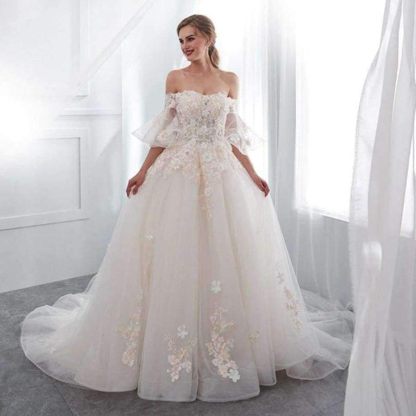 Planet Gates White / 2 Robe De Mariage 2018 Wedding Dresses Champagne Ball Gown Off Shoulder Short Sleeves Lace Applique Bride Gowns