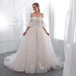 Planet Gates White / 2 Robe De Mariage 2018 Wedding Dresses Champagne Ball Gown Off Shoulder Short Sleeves Lace Applique Bride Gowns