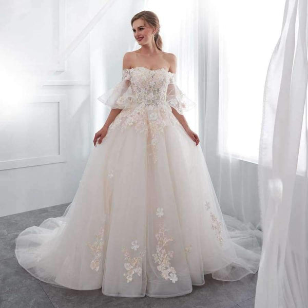 Planet Gates White / 2 Robe De Mariage 2018 Wedding Dresses Champagne Ball Gown Off Shoulder Short Sleeves Lace Applique Bride Gowns