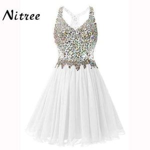 Planet Gates White / 2 V Neck Short Cocktail Dresses Chiffon Pleat Ruffles Beaded Crystal Rhinestone Formal Party Dress Real Picture
