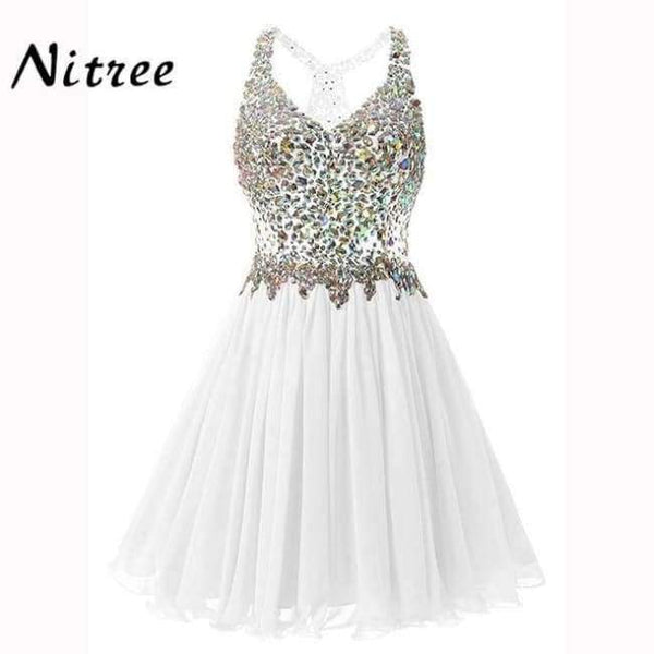 Planet Gates White / 2 V Neck Short Cocktail Dresses Chiffon Pleat Ruffles Beaded Crystal Rhinestone Formal Party Dress Real Picture