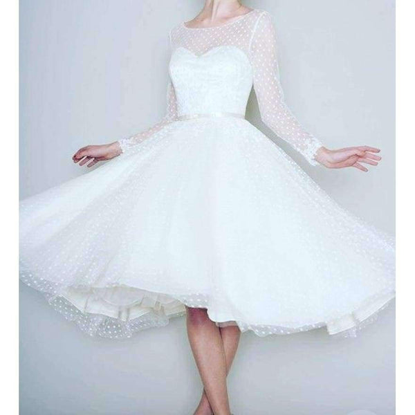 Vintage White Long Sleeve Short Wedding Dress Women Bridal Dresses Tea Length Retro Dotted Wedding Gown 2018 Spring New