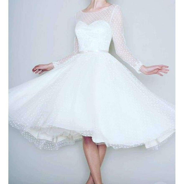 Planet Gates White / 2 Vintage White Long Sleeve Short Wedding Dress Women Bridal Dresses Tea Length Retro Dotted Wedding Gown 2018 Spring New