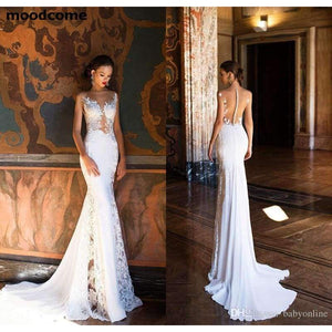 Planet Gates White / 2 Wedding Dresses 2018 Sexy Sheer Neck Open Back Full Lace Wedding Dress Bridal Gowns