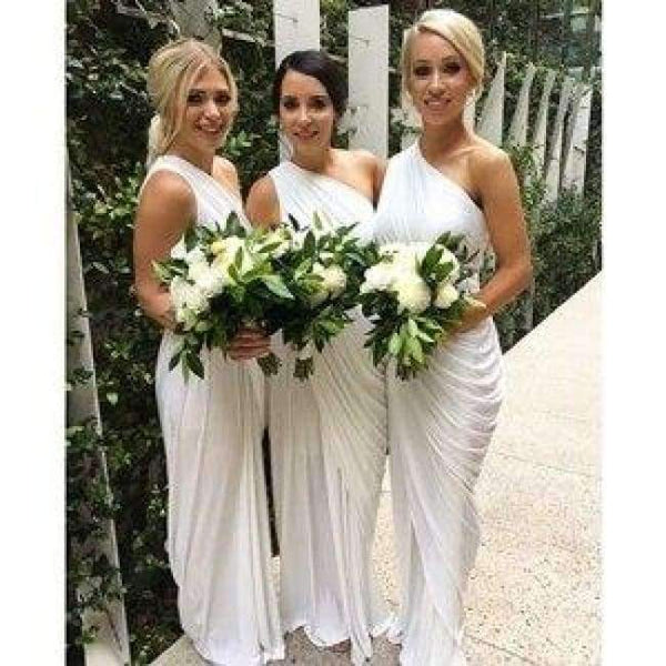 Planet Gates White / 2 White Bridesmaid Dresses One Shoulder Sheath Style Pleat Satin Floor Length Long Wedding Guest Dress Cheap Women Gowns