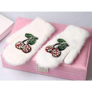 Planet Gates white 2017 Winter Gloves Luxury Crystal Cherry decoration Rabbit fur gloves For Woman winter gloves girls Mittens