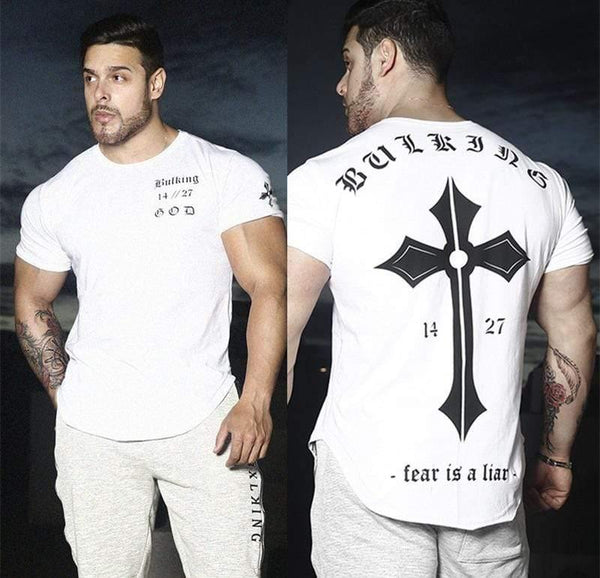 Men Summer Gyms Fitness Workout T-shirt Short Sleeve Cotton Slim T Shirt Male Casual Fashion O-Neck Print Tee Tops Clothing