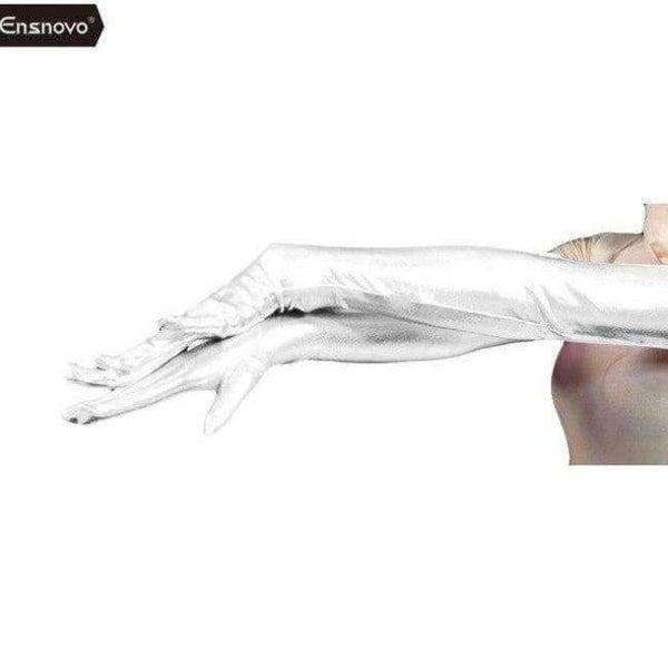 Planet Gates white / 22inch Ensnovo Women Spandex Polyester Black Shiny Metallic 22" Long Sleeve Cosplay Costumes Wet Look Opera Length Evening Gloves