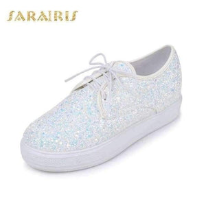 Planet Gates White / 3 SaraIris Women's Glitter Upper Lace Up Casual Sneakers Woman Round Toe Comfortable Vulcanize Shoes