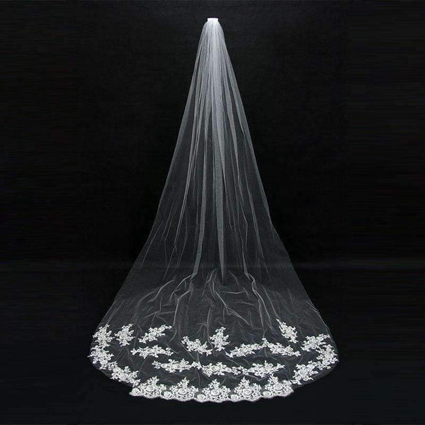 Planet Gates White / 300cm Wedding Accessories 2018 Appliques Tulle Long Cathedral Wedding Veil Lace Edge Bridal Veil with Comb veu de noiva longo