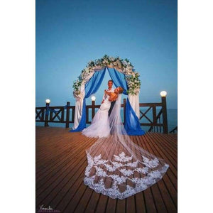 Planet Gates White / 300cm Wedding Accessories 2018 Appliques Tulle Long Cathedral Wedding Veil Lace Edge Bridal Veil with Comb veu de noiva longo