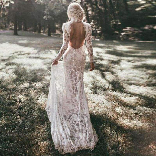 Planet Gates White / 4 Long Sleeves Wedding Dresses Boho High Neck Exquisite Lace Backless Chic Wedding Dress Bridal Gowns