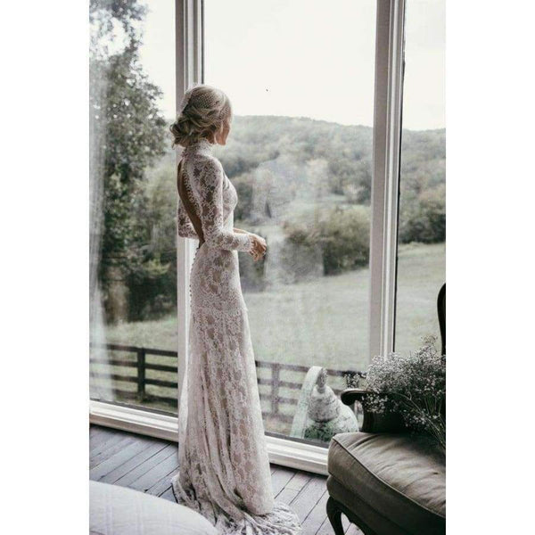 Planet Gates White / 4 Long Sleeves Wedding Dresses Boho High Neck Exquisite Lace Backless Chic Wedding Dress Bridal Gowns