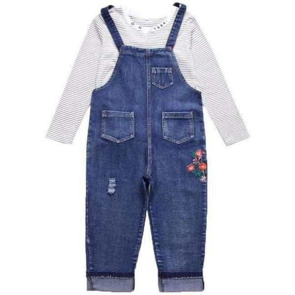 Planet Gates White / 4T Enfant Fille Teenage Girls Clothes Set For 5 6 7 8 9 10 11 12 13 Years Striped T Shirt + Embroidery Denim Overalls