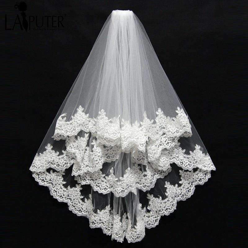 Planet Gates White / 75cm Bridal Veil Short With Comb Lace Appliqued Edge Tulle Bridal Veil Two Layer 75 CM Elbow Length Wedding Accessories 2018