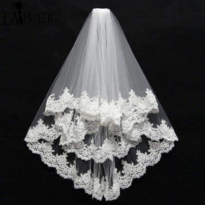 Planet Gates White / 75cm Bridal Veil Short With Comb Lace Appliqued Edge Tulle Bridal Veil Two Layer 75 CM Elbow Length Wedding Accessories 2018
