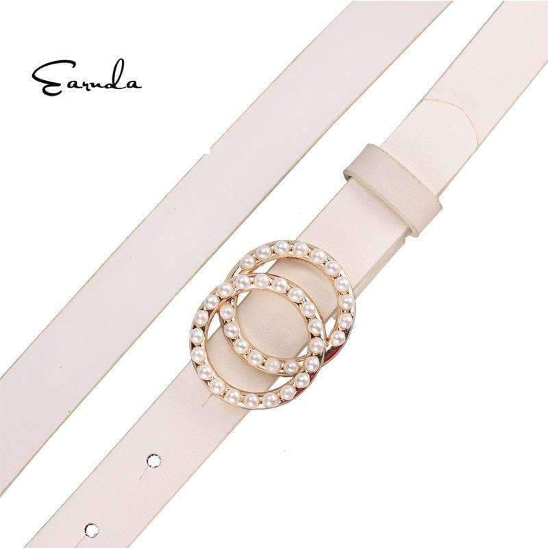 Planet Gates White / 95cm Earnda Belts For Women Leather Strap High Quality Pearl Double Buckle Waist Belt Cinturon Mujer Designer