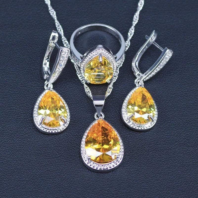 Planet Gates White And Sparkling Yellow Crystal Stone 925 Sterling Silver 3 Piece Big Water Drop Jewelry Sets For Women Party