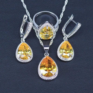 Planet Gates White And Sparkling Yellow Crystal Stone 925 Sterling Silver 3 Piece Big Water Drop Jewelry Sets For Women Party