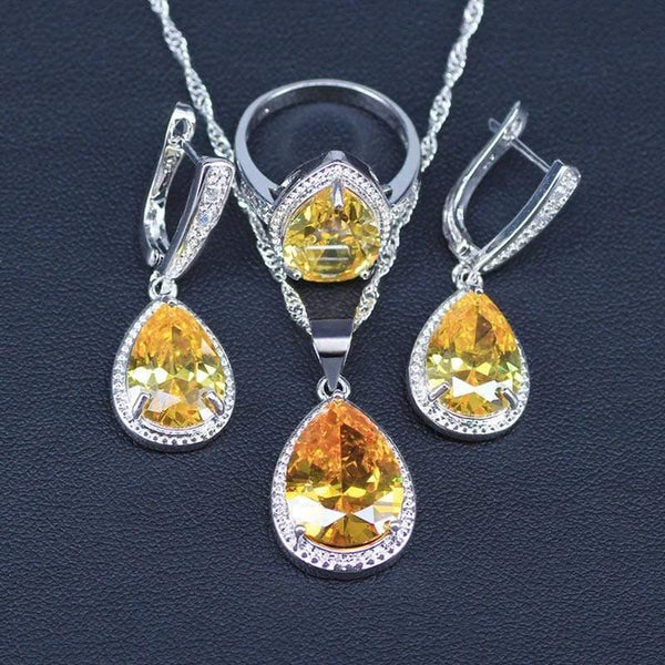 Planet Gates White And Sparkling Yellow Crystal Stone 925 Sterling Silver 3 Piece Big Water Drop Jewelry Sets For Women Party