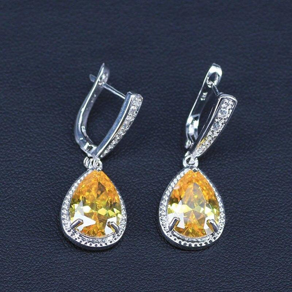 Planet Gates White And Sparkling Yellow Crystal Stone 925 Sterling Silver 3 Piece Big Water Drop Jewelry Sets For Women Party