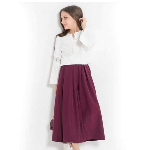Planet Gates white and wine red / 6 Teenage Girls Clothing Set Long Sleeve Shirt Top Wide Leg Pants Two Piece Clothes Sets 2018 Spring Fall New Big Girl Suits